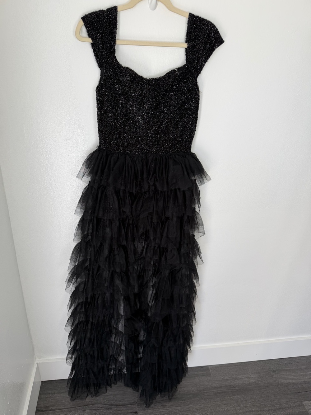 Black Sequins Tulle Jumpsuit  - Sparkle Tulle High-Low Romper Dress - Picture 4 of 8